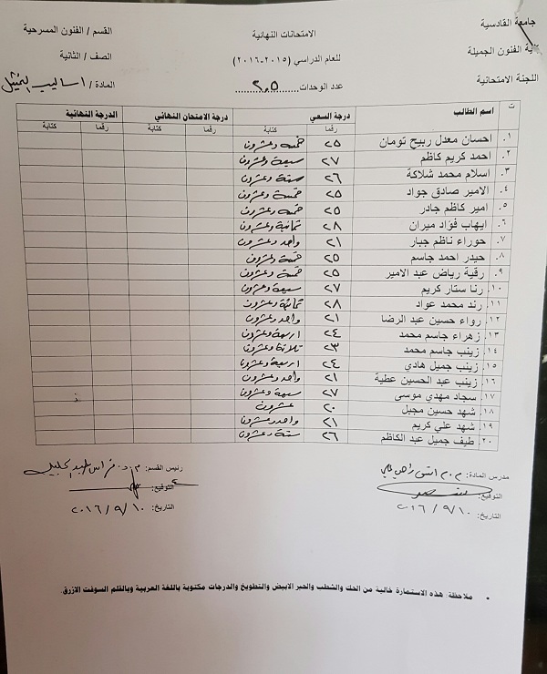 درجات السعي السنوي مادة (اساليب التمثيل) مرحلة ثانية //قسم الفنون المسرحية